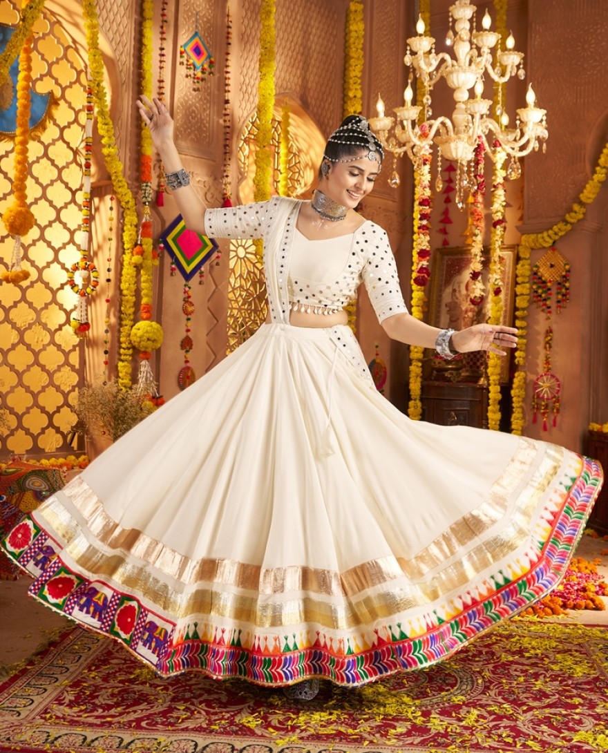 11003 - Sweet White Viscose Rayon Mirror Work Festival Wear Lehenga Choli